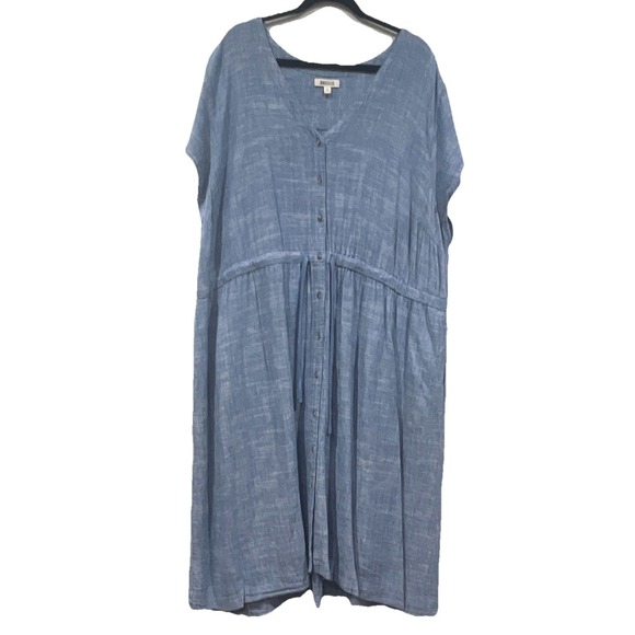 Briggs Dresses & Skirts - Briggs Blue Linen Blend Button Front Drawstring Waist Midi Dress Plus Size 3X
